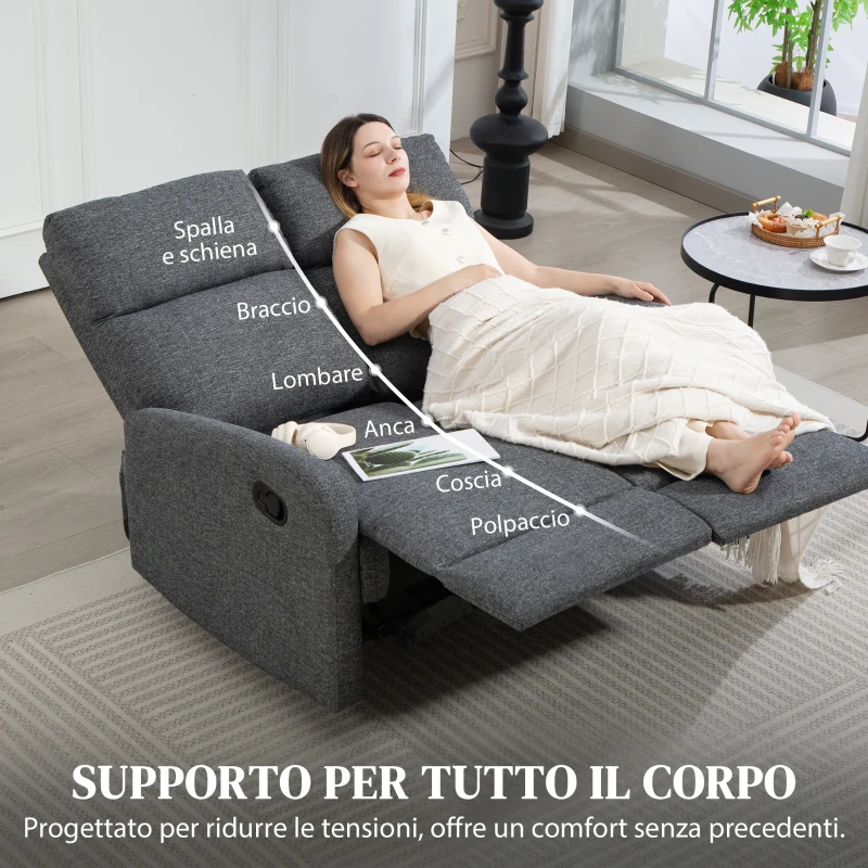 HOMCOM Divano 2 Posti Reclinabile a 145° max e Rivestito in Ciniglia Grigia, 124x91x100 cm