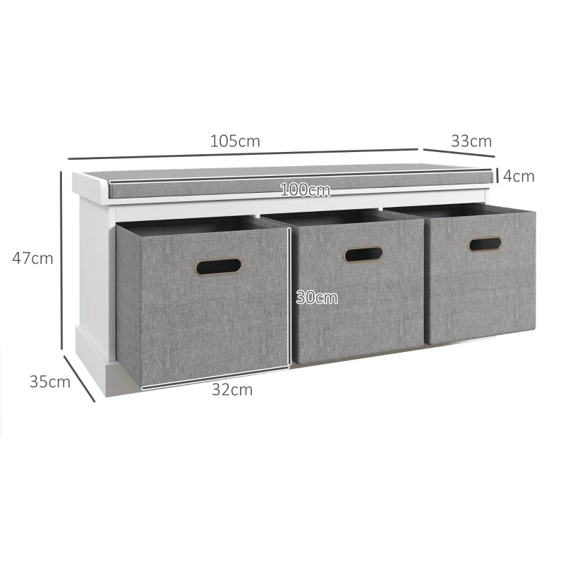 HOMCOM Panca Scarpiera in Legno con 3 Cassetti e Seduta in Tessuto per 3 Paia di Scarpe, 105x35x47 cm, Bianco