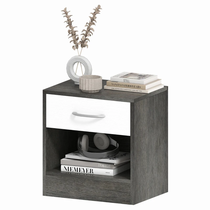 HOMCOM Comodino Moderno con Ripiano Aperto e Cassetto, in Legno, 39x28x41 cm, Bianco e Grigio Scuro
