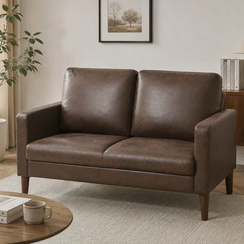 HOMCOM Divano 2 Posti Moderno con Rivestimento in Tessuto Effetto Pelle Traspirante e Gambe in Legno, 130x78x85 cm, Marrone Scuro