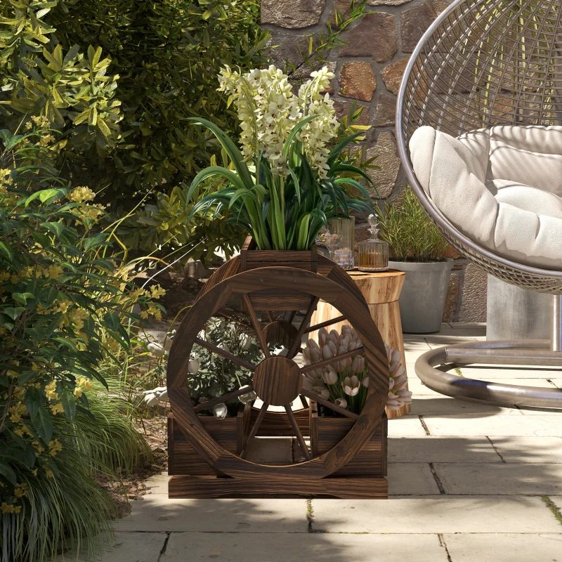 Outsunny Fioriera in Legno da Esterno a 2 Livelli con 3 Vasi e Ruote di Carro Stile Country, 64x54x60cm