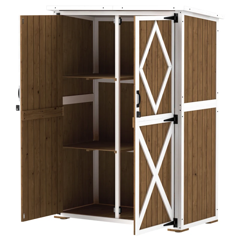 Outsunny Capanno da Giardino in Legno di Abete con 2 Ripiani e 2 Porte, 116.5x57x159/167 cm, Marrone e Bianco