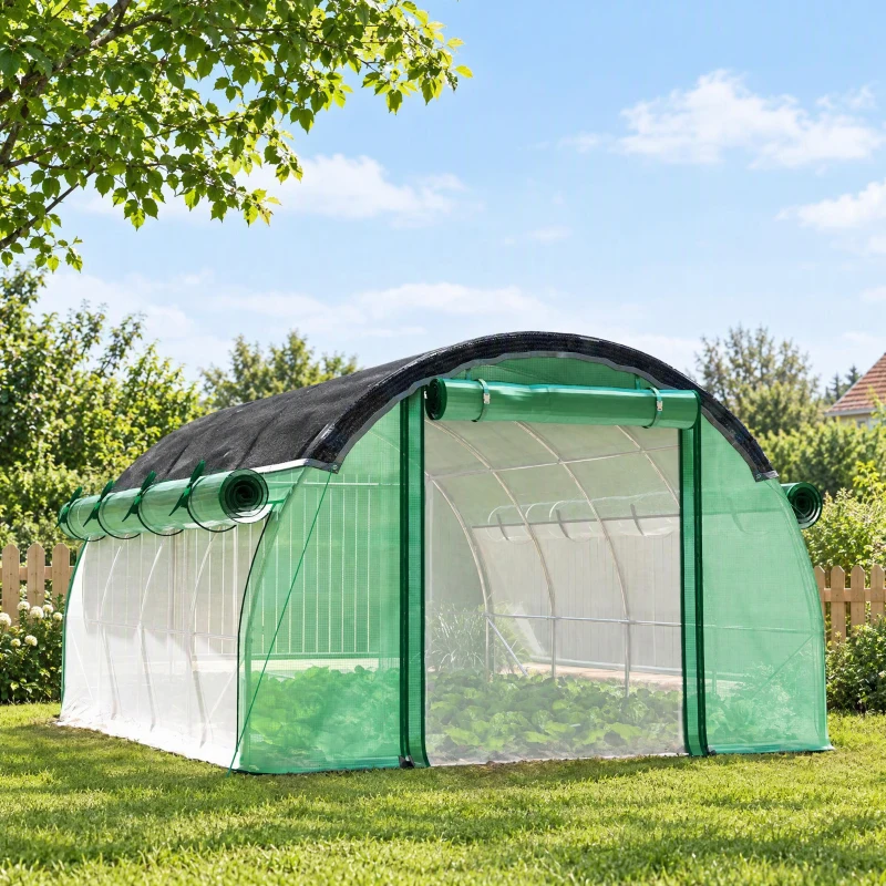 Outsunny Serre Tunnel de Jardin 12㎡, Filet Pare-soleil, Parois Latérales Enroulables, 2 Portes, 8 Fenêtres, 400x300x198cm, Vert