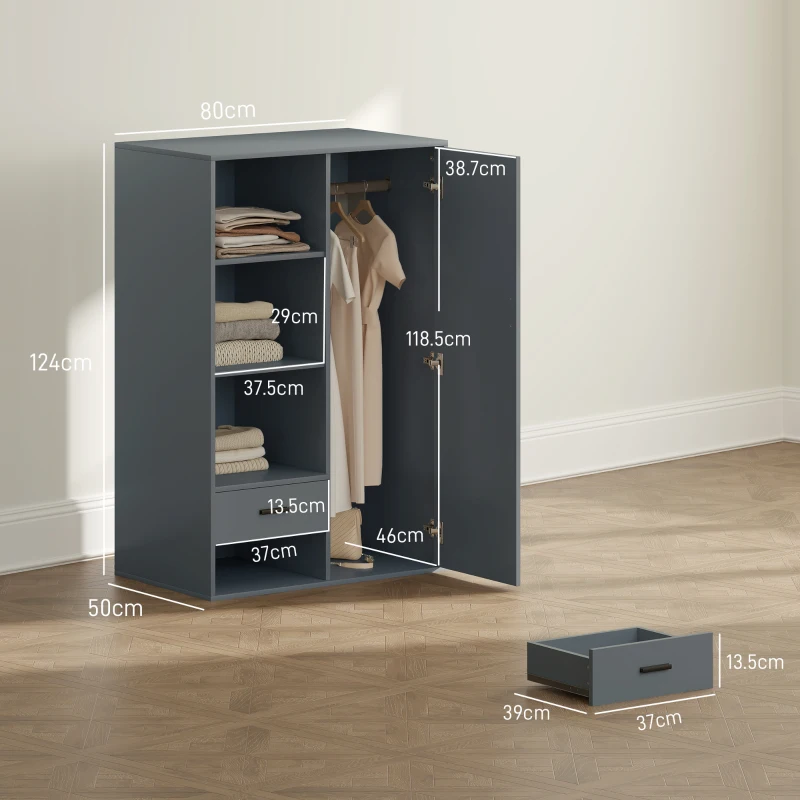 HOMCOM Armadio Moderno con 2 Cassetti, Ripiani Aperti e Vano Appendiabiti, 80x50x124 cm, Grigio Scuro