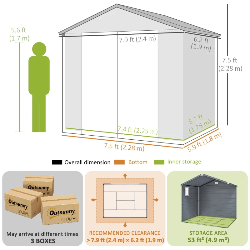 Outsunny 7.9ft x 6.2ft Aluminium Frame and Plastic Wall Shed, with Foundation - Grey