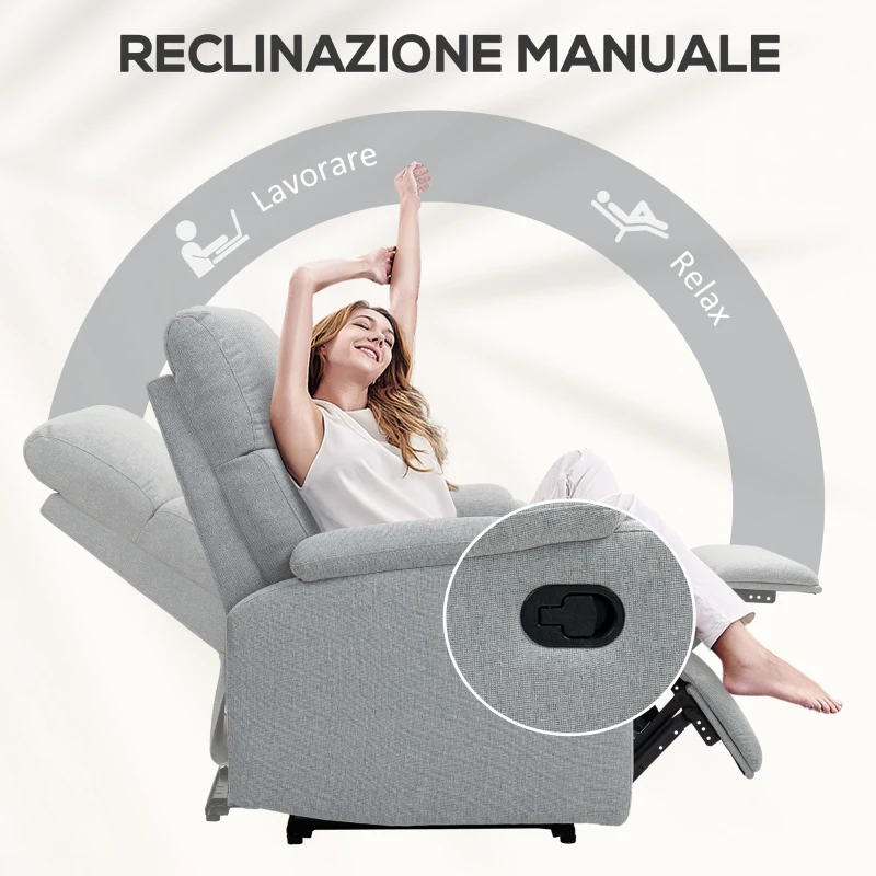HOMCOM Poltrona Reclinabile Manualmente a 60° Extra Imbottita in Tessuto con Poggiapiedi, Grigio