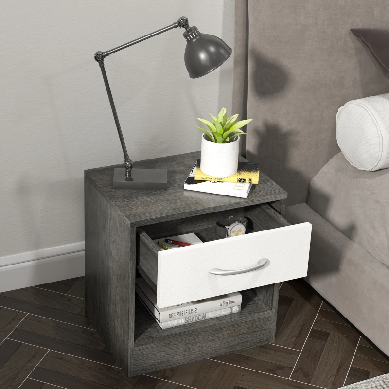 HOMCOM Comodino Moderno con Ripiano Aperto e Cassetto, in Legno, 39x28x41 cm, Bianco e Grigio Scuro