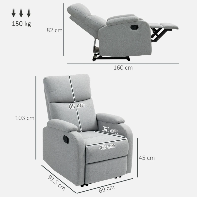 HOMCOM Poltrona Reclinabile Manualmente a 60° Extra Imbottita in Tessuto con Poggiapiedi, Grigio