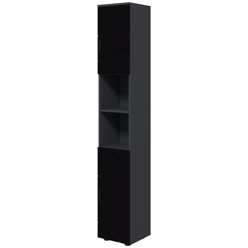 kleankin Colonna Bagno in Truciolato con 2 Ripiani Aperti e 2 Armadietti a 2 Livelli, 30x30x183 cm, Nero e Grigio