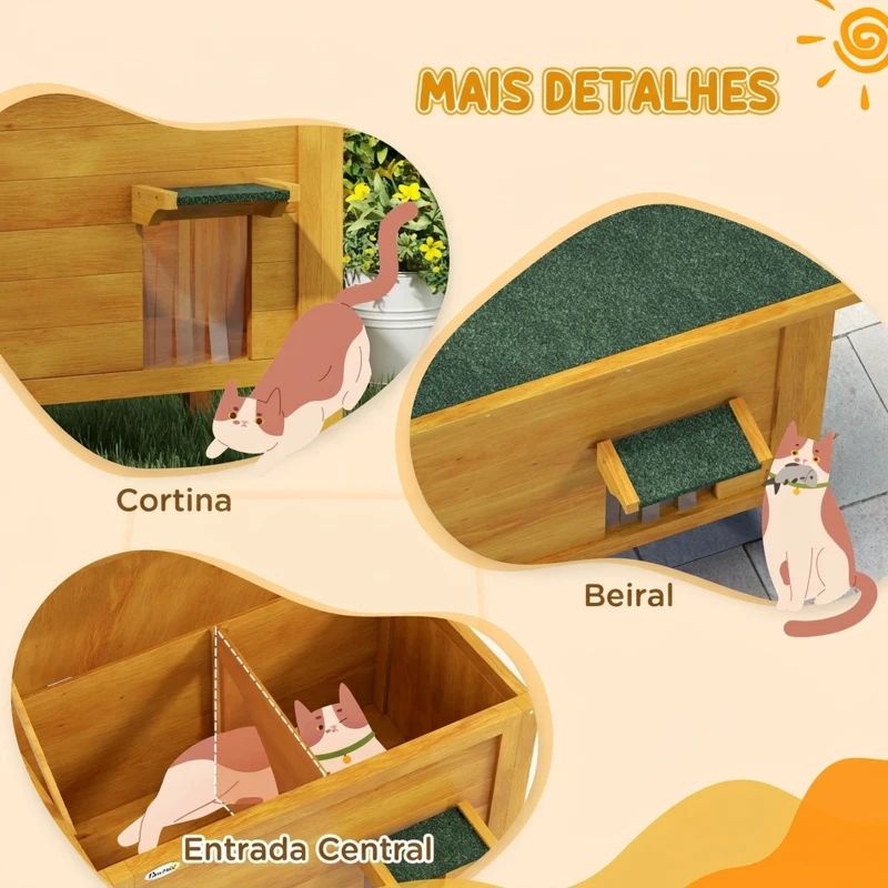 PawHut Casa de Exterior para Gatos em Madeira para 1-2 Gatos com Telhado Basculante e Espuma Isolante 85x50x68,5 cm Natural