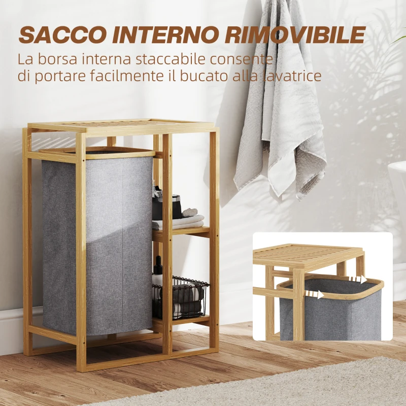 HOMCOM Cesto Portabiancheria con Borsa Estraibile e Ripiani a Doghe in Bambù, 50x32x70 cm, Grigio