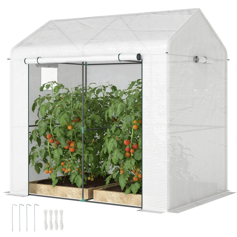 Outsunny Walk-in Greenhouse, Outdoor Tomato Greenhouse with Roll-up Door and Mesh Windows, PE Cover, 200 x 140 x 200cm, White