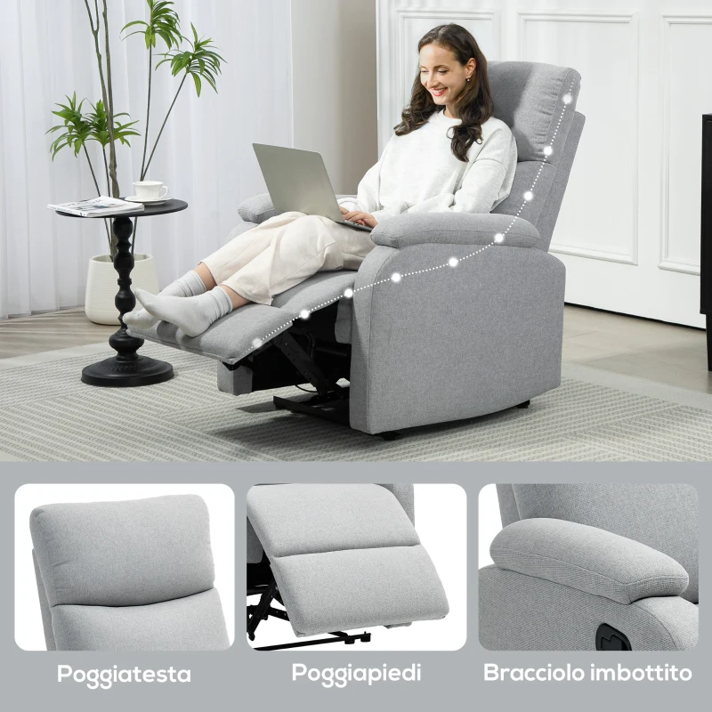 HOMCOM Poltrona Reclinabile Manualmente a 60° Extra Imbottita in Tessuto con Poggiapiedi, Grigio