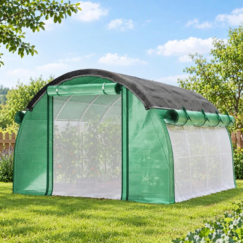 Outsunny Serre Tunnel de Jardin 12㎡, Filet Pare-soleil, Parois Latérales Enroulables, 2 Portes, 8 Fenêtres, 400x300x198cm, Vert