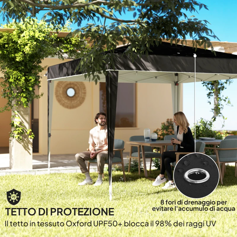 Outsunny Gazebo 3x3 m per 6-9 Persone ad Altezza Regolabile con Fori di Drenaggio, in Metallo e Tessuto Oxford Nero