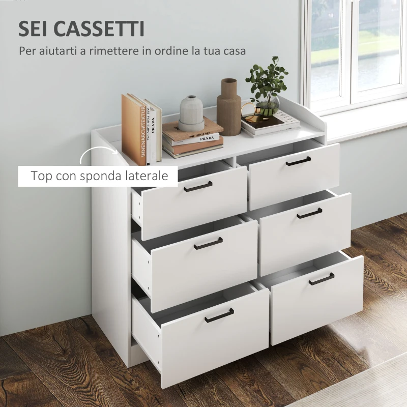 HOMCOM Cassettiera 6 Cassetti in Legno con Bordi Rialzati e Maniglie a U, 100x40x88 cm, Bianco