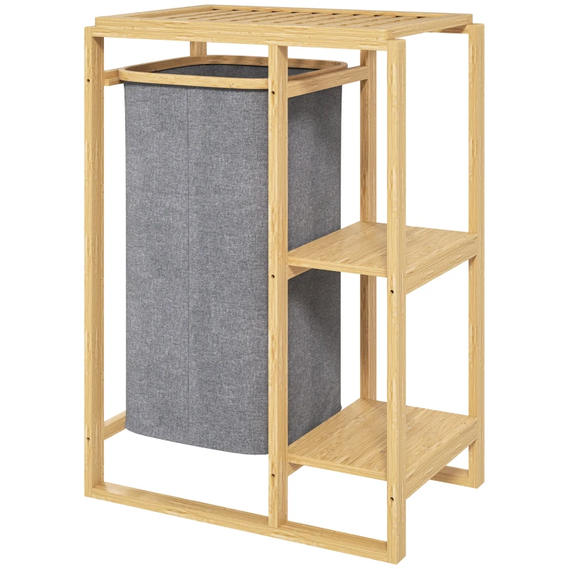 HOMCOM Cesto Portabiancheria con Borsa Estraibile e Ripiani a Doghe in Bambù, 50x32x70 cm, Grigio