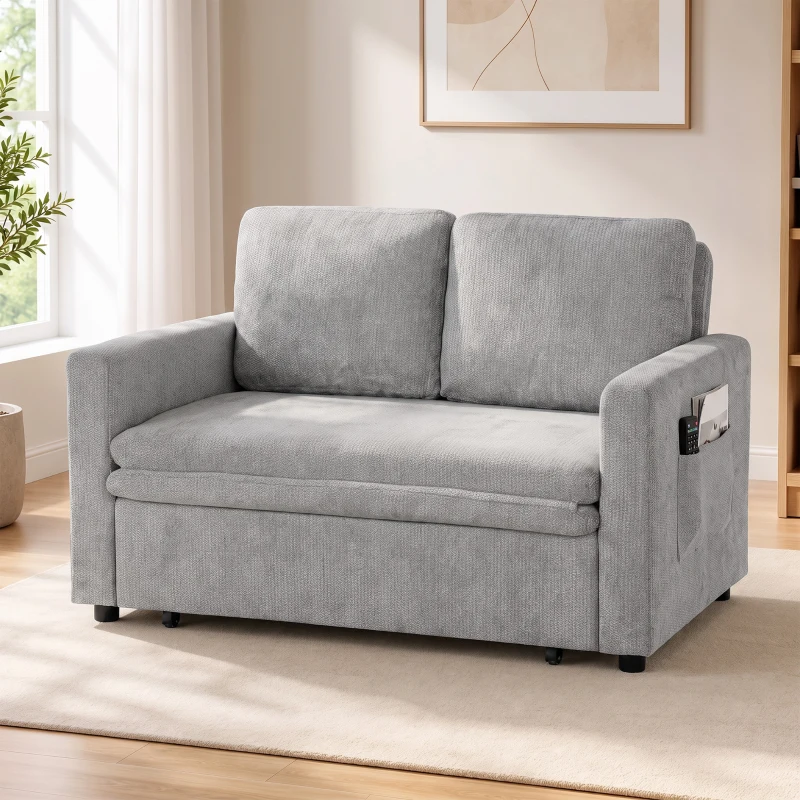 HOMCOM Canapea extensibilă 2 locuri 3-în-1, canapea-lit clic-clac 122 cm chenille, spătar reglabil, buzunare laterale, gri