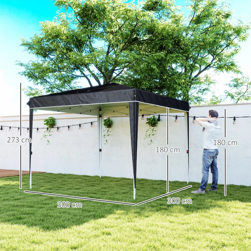 Outsunny Gazebo 3x3 m per 6-9 Persone ad Altezza Regolabile con Fori di Drenaggio, in Metallo e Tessuto Oxford Nero
