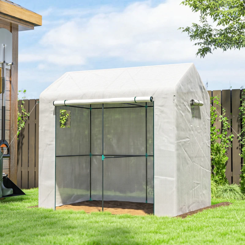 Outsunny Serre de jardin PE, serre de balcon, bâche renforcée 135 g/m², châssis en acier, porte zippée, 200 x 140 x 200 cm, blanc