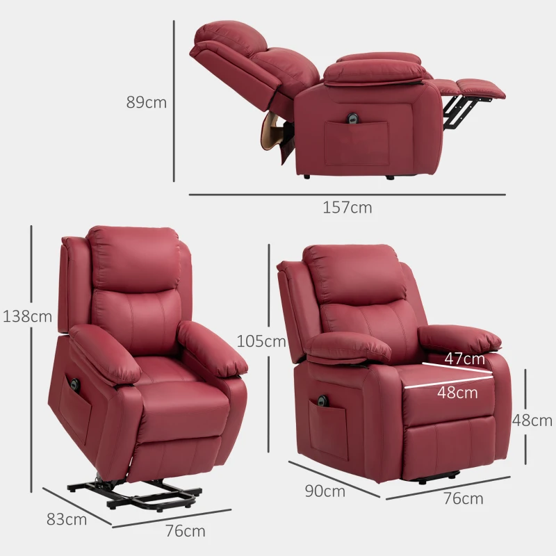 HOMCOM Poltrona Alzapersona Reclinabile con Poggiapiedi e Telecomando, in Pelle PU, 76x90x105 cm, Rosso