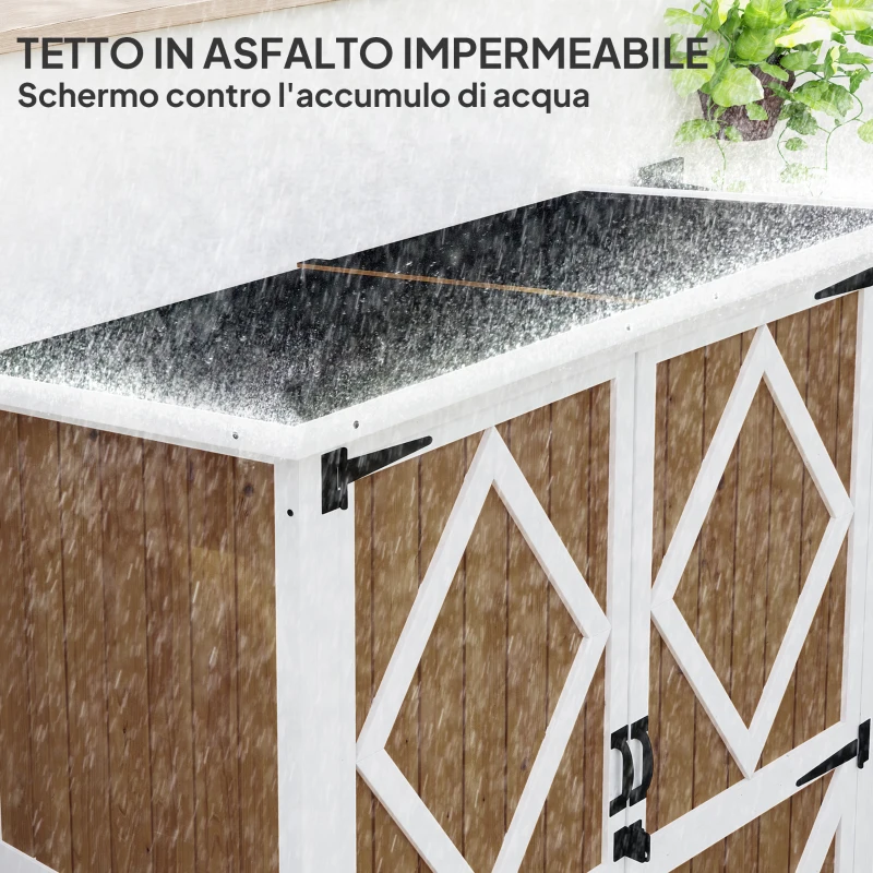 Outsunny Capanno da Giardino in Legno di Abete con 2 Ripiani e 2 Porte, 116.5x57x159/167 cm, Marrone e Bianco