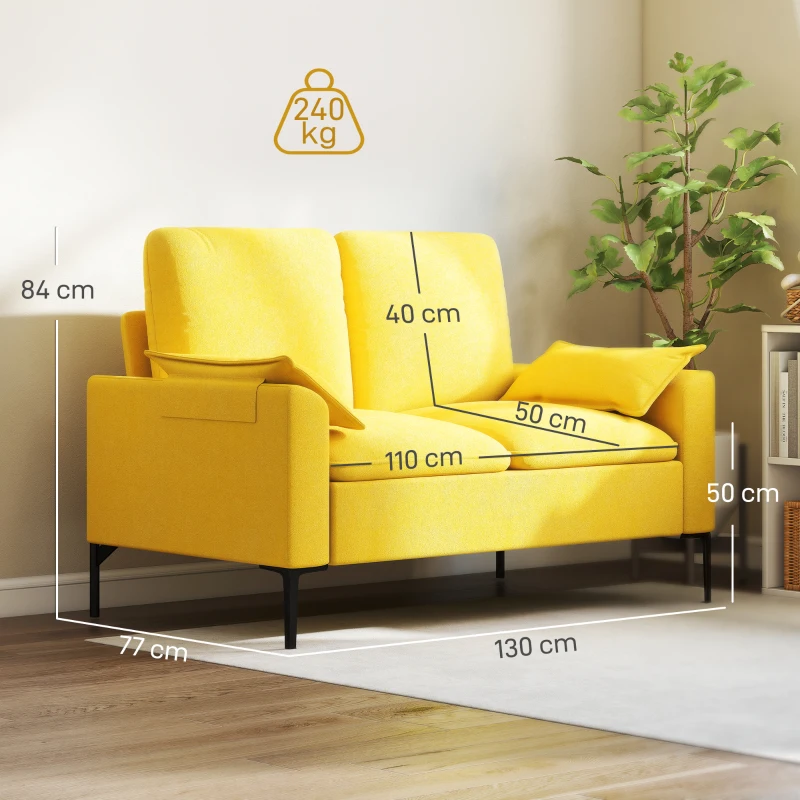HOMCOM Divano 2 Posti Moderno con Cuscini e Rivestimento in Tessuto Spugna, 130x77x84 cm, Giallo