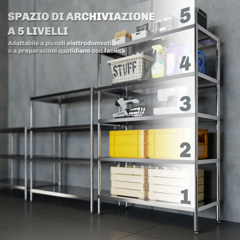 HOMCOM Scaffale da Cucina a 5 Livelli Regolabili su 13 Altezze Diverse, in Acciaio Inox, 91x40x139 cm, Argento