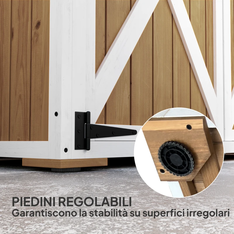 Outsunny Capanno da Giardino in Legno di Abete con 2 Ripiani e 2 Porte, 116.5x57x159/167 cm, Marrone e Bianco