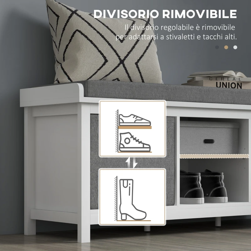 HOMCOM Panca Scarpiera con Ripiano Regolabile a 3 Livelli e 2 Cassetti, in Truciolato, 105x35x47 cm, Bianca e Grigia
