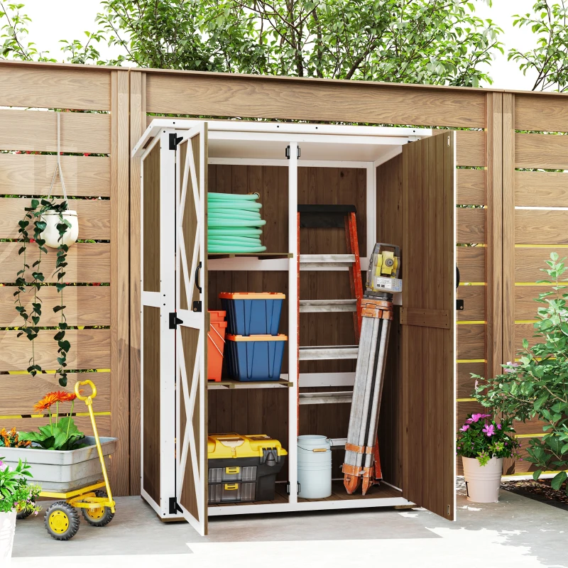 Outsunny Capanno da Giardino in Legno di Abete con 2 Ripiani e 2 Porte, 116.5x57x159/167 cm, Marrone e Bianco