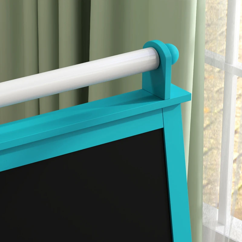 AIYAPLAY Lavagna per Bambini con Cavalletto 3 in 1, Rotolo di Carta e 2 Contenitori, in Legno, 59x48x118 cm, Blu