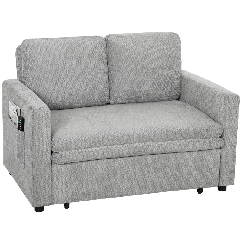HOMCOM Canapea extensibilă 2 locuri 3-în-1, canapea-lit clic-clac 122 cm chenille, spătar reglabil, buzunare laterale, gri