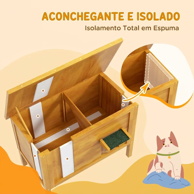 PawHut Casa de Exterior para Gatos em Madeira para 1-2 Gatos com Telhado Basculante e Espuma Isolante 85x50x68,5 cm Natural