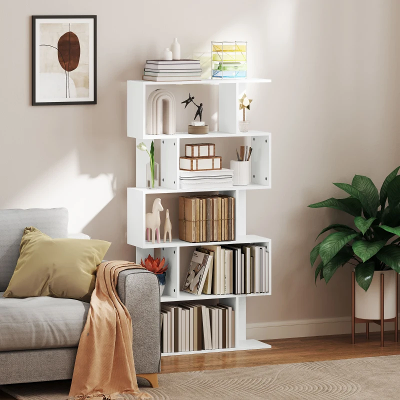 HOMCOM Libreria Asimmetrica a S a 5 Livelli con 10 Ripiani Aperti, in Legno, 80x24x159 cm, Bianco