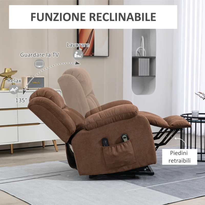 HOMCOM Poltrona Elettrica Alzapersona Massaggiante Reclinabile con Telecomando, in Tessuto, 91x93x103cm, Marrone