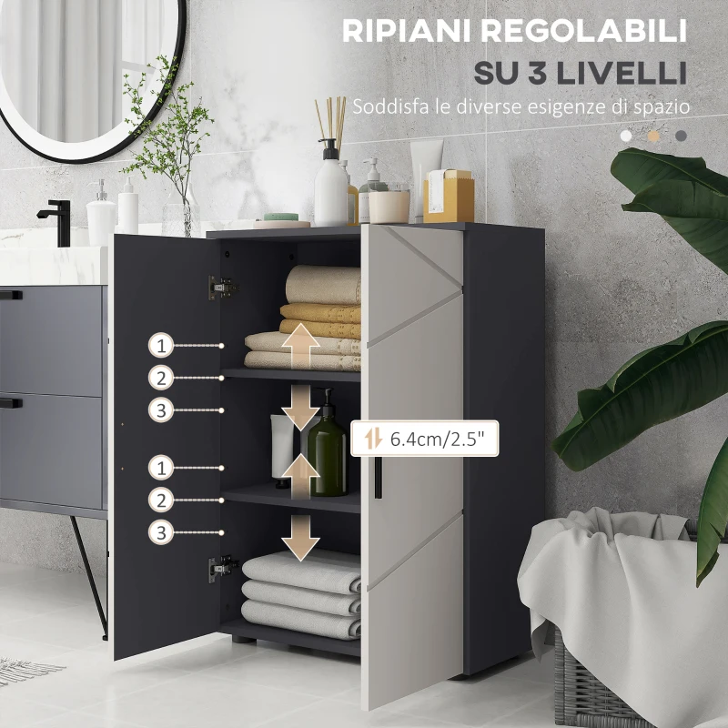 kleankin Mobiletto Bagno 2 Ante in Legno con 3 Ripiani e Chiusura Ammortizzata, 60x30x82cm, Grigio