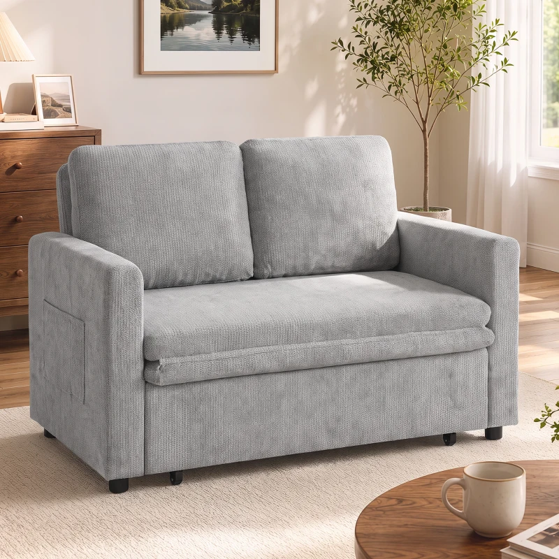HOMCOM Canapea extensibilă 2 locuri 3-în-1, canapea-lit clic-clac 122 cm chenille, spătar reglabil, buzunare laterale, gri