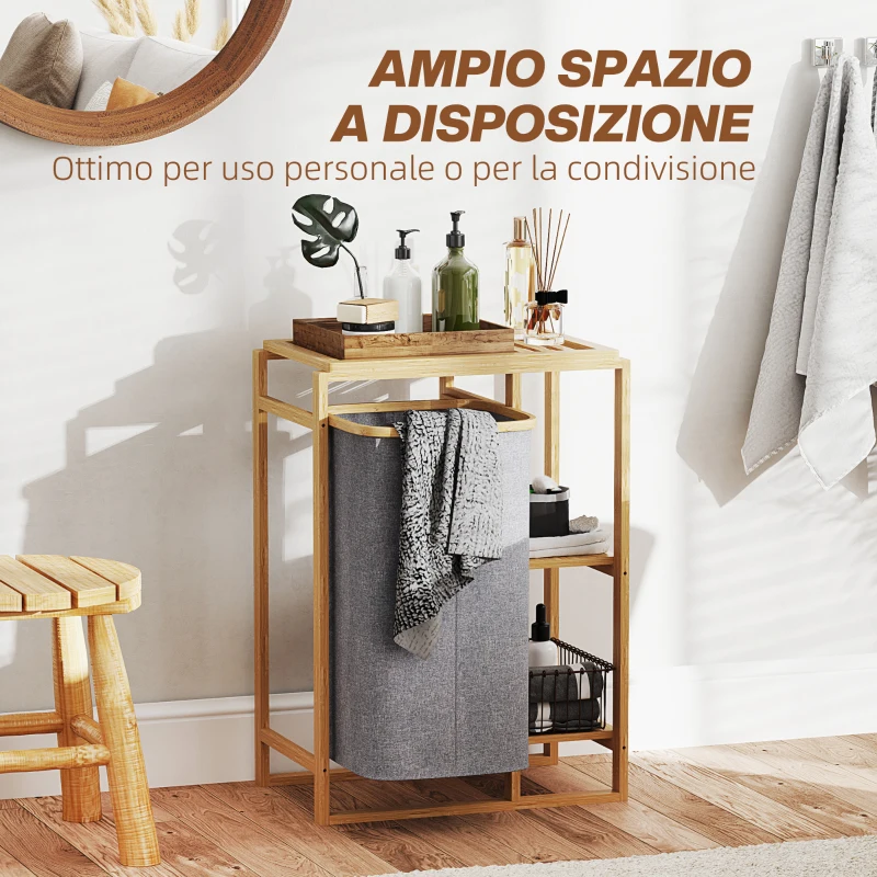 HOMCOM Cesto Portabiancheria con Borsa Estraibile e Ripiani a Doghe in Bambù, 50x32x70 cm, Grigio