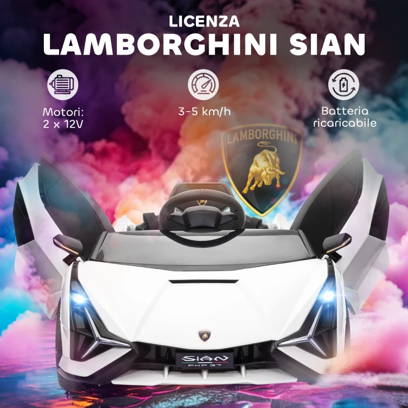 HOMCOM Macchina Elettrica per Bambini 3-5 Anni Lamborghini 12V con Telecomando e Velocità 3-5km/h, Bianco