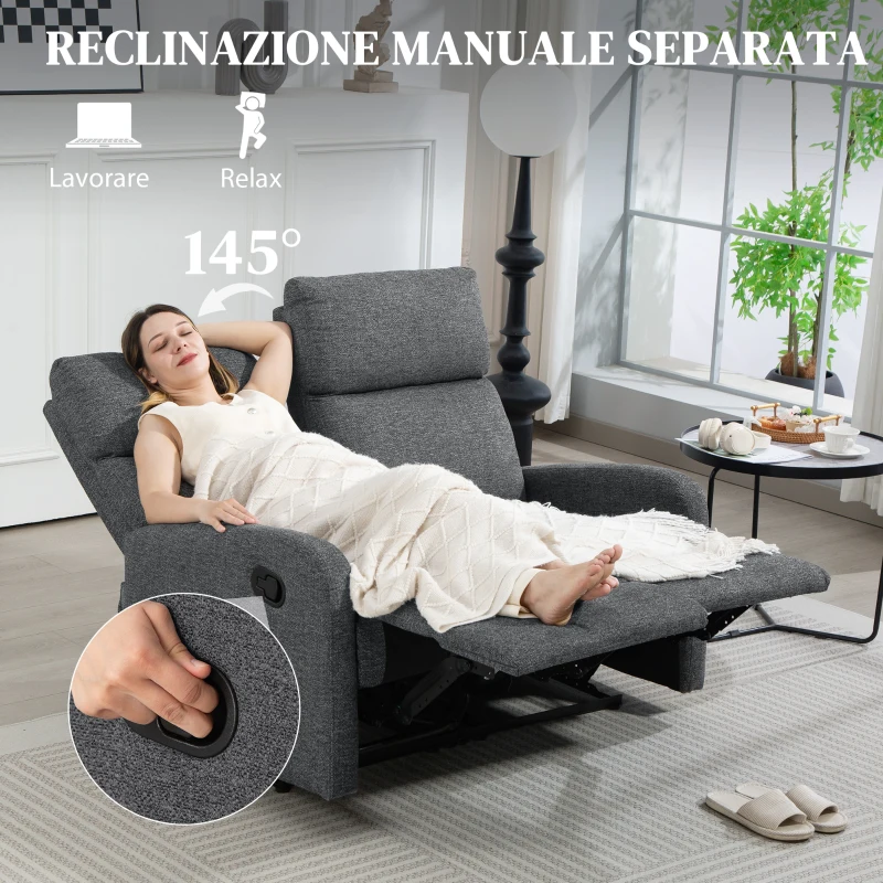 HOMCOM Divano 2 Posti Reclinabile a 145° max e Rivestito in Ciniglia Grigia, 124x91x100 cm
