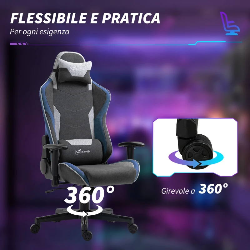 Vinsetto Sedia da Gaming Reclinabile a 150° con Funzione Dondolo, in Tessuto Effetto Lino, 66x53x128-138 cm, Grigio