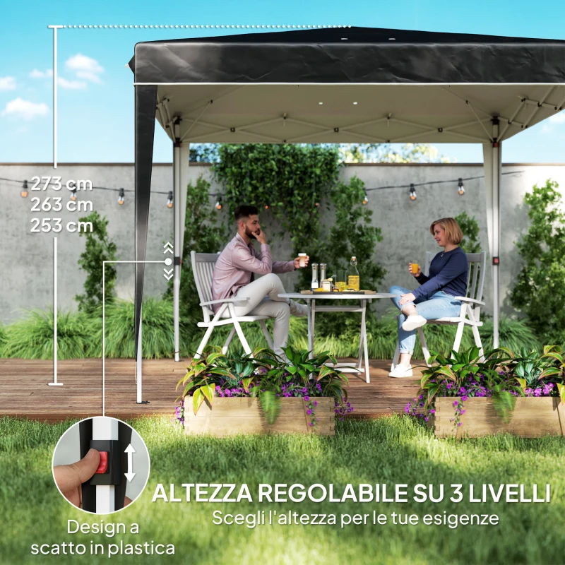 Outsunny Gazebo 3x3 m per 6-9 Persone ad Altezza Regolabile con Fori di Drenaggio, in Metallo e Tessuto Oxford Nero