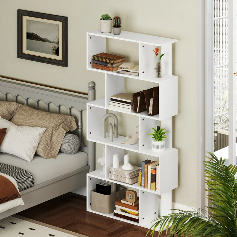 HOMCOM Libreria Asimmetrica a S a 5 Livelli con 10 Ripiani Aperti, in Legno, 80x24x159 cm, Bianco