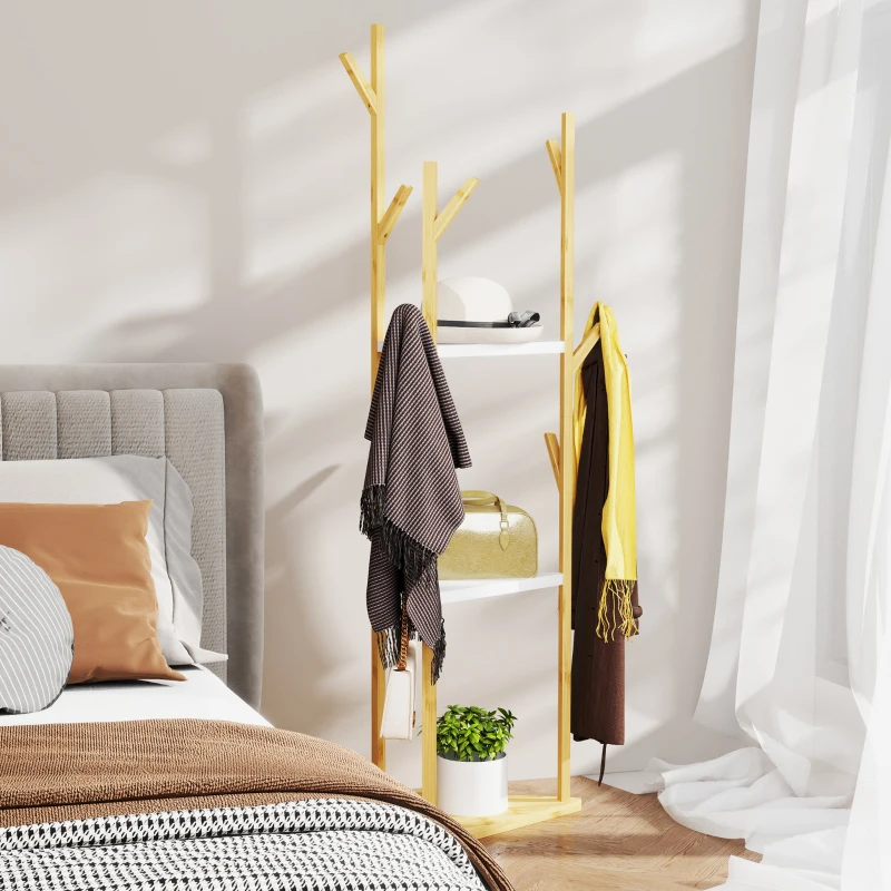 HOMCOM Albero Appendiabiti da Terra in Bambù con 9 Ganci e 3 Ripiani, Legno Naturale e Bianco
