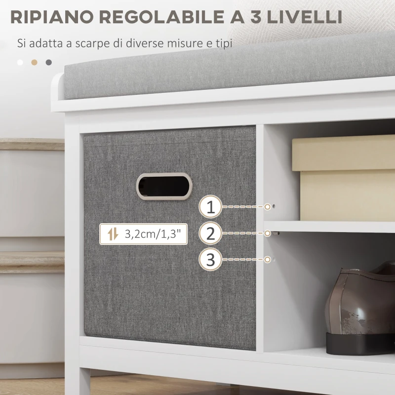 HOMCOM Panca Scarpiera con Ripiano Regolabile a 3 Livelli e 2 Cassetti, in Truciolato, 105x35x47 cm, Bianca e Grigia