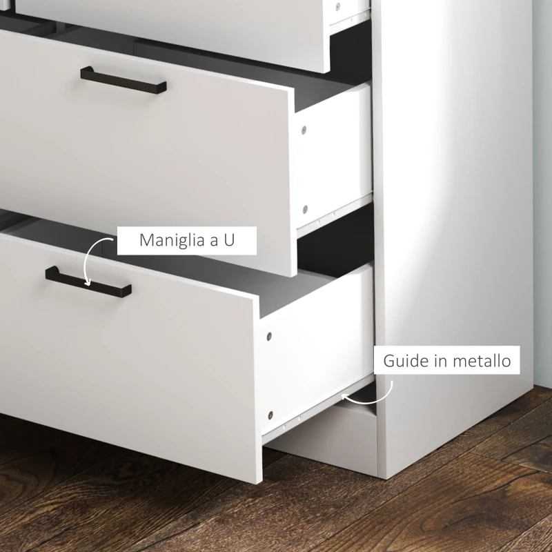 HOMCOM Cassettiera 6 Cassetti in Legno con Bordi Rialzati e Maniglie a U, 100x40x88 cm, Bianco