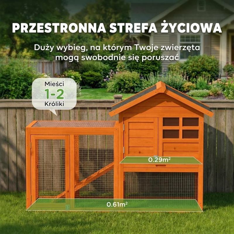 PawHut Domek dla królików 2 poziomy, drewniany domek z wodoodpornym dachem asfaltowym, wybieg, rampa, drzwi, 123,5 x 62,6 x 92,5 cm, pomarańczowy