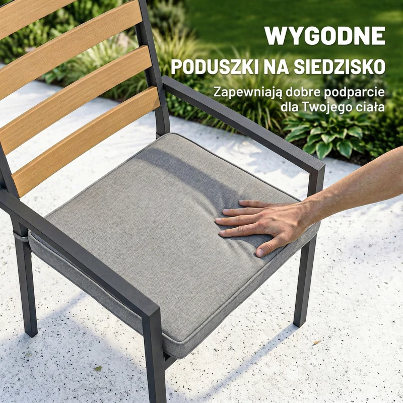 Outsunny 7-częściowy zestaw mebli ogrodowych, zestaw jadalniany z 1 stołem, 6 krzesłami, poduszkami, na taras, imitacja drewna