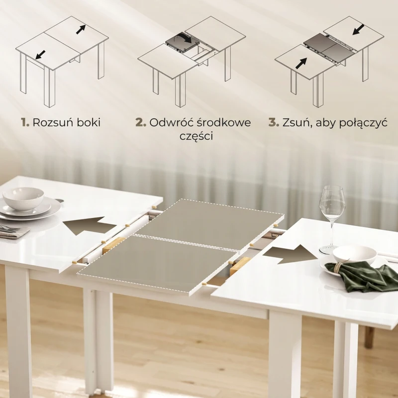HOMCOM Stół rozkładany 120-160 x 80 cm, stół kuchenny dla 4-6 osób, nowoczesny stół jadalny, biały połysk